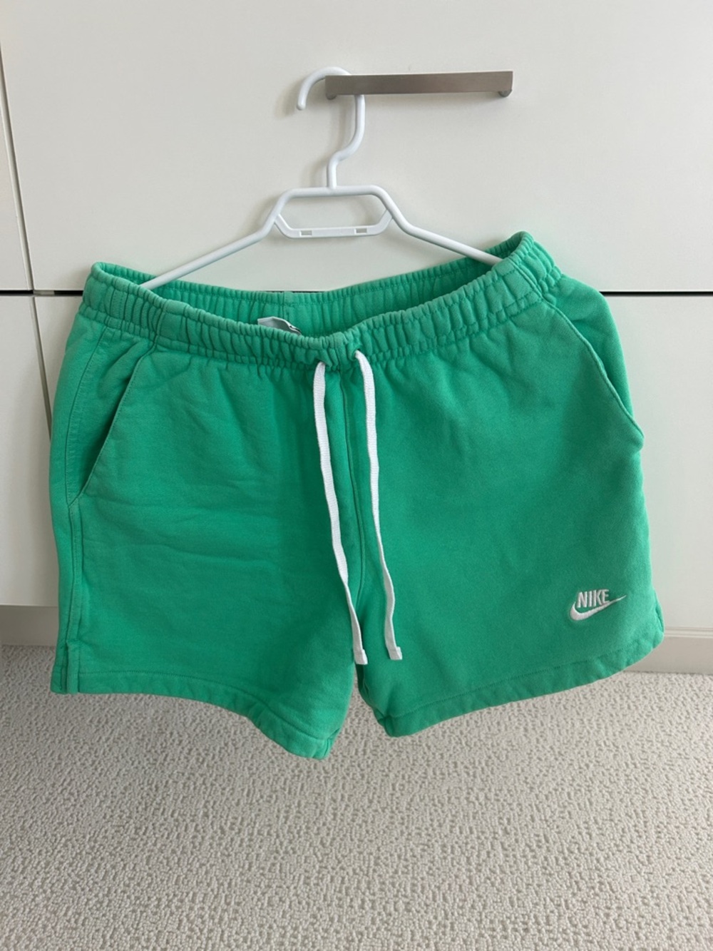 Nike Women's Mint Green Fleece Athletic Shorts with White Drawstring